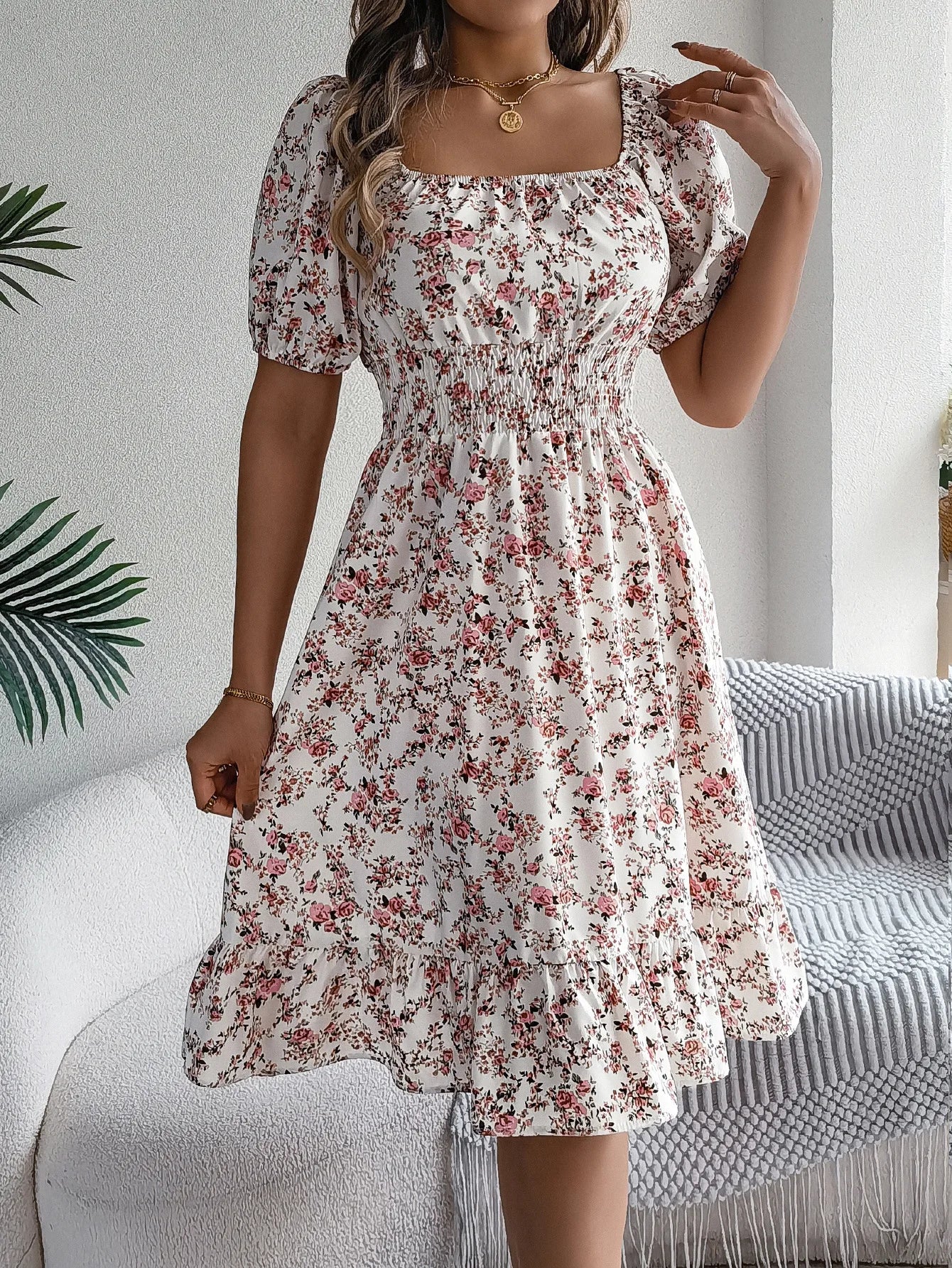 Women's Floral 3D Print Square Neck Dress